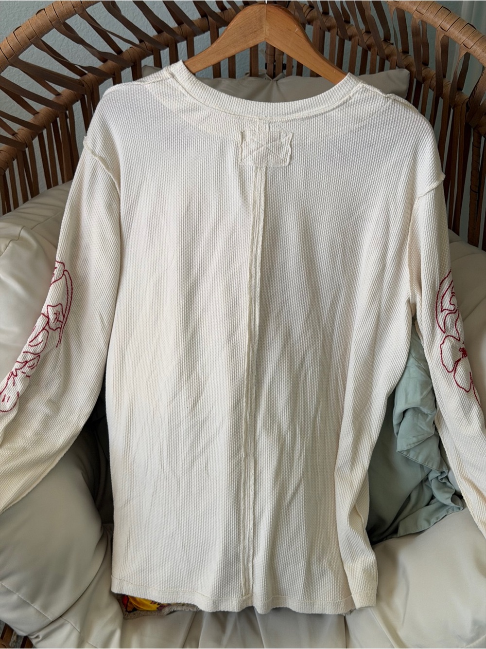 Free People Embroidered Floral Waffle Knit Long Sleeve Tee Medium Boho - Picture 8 of 16